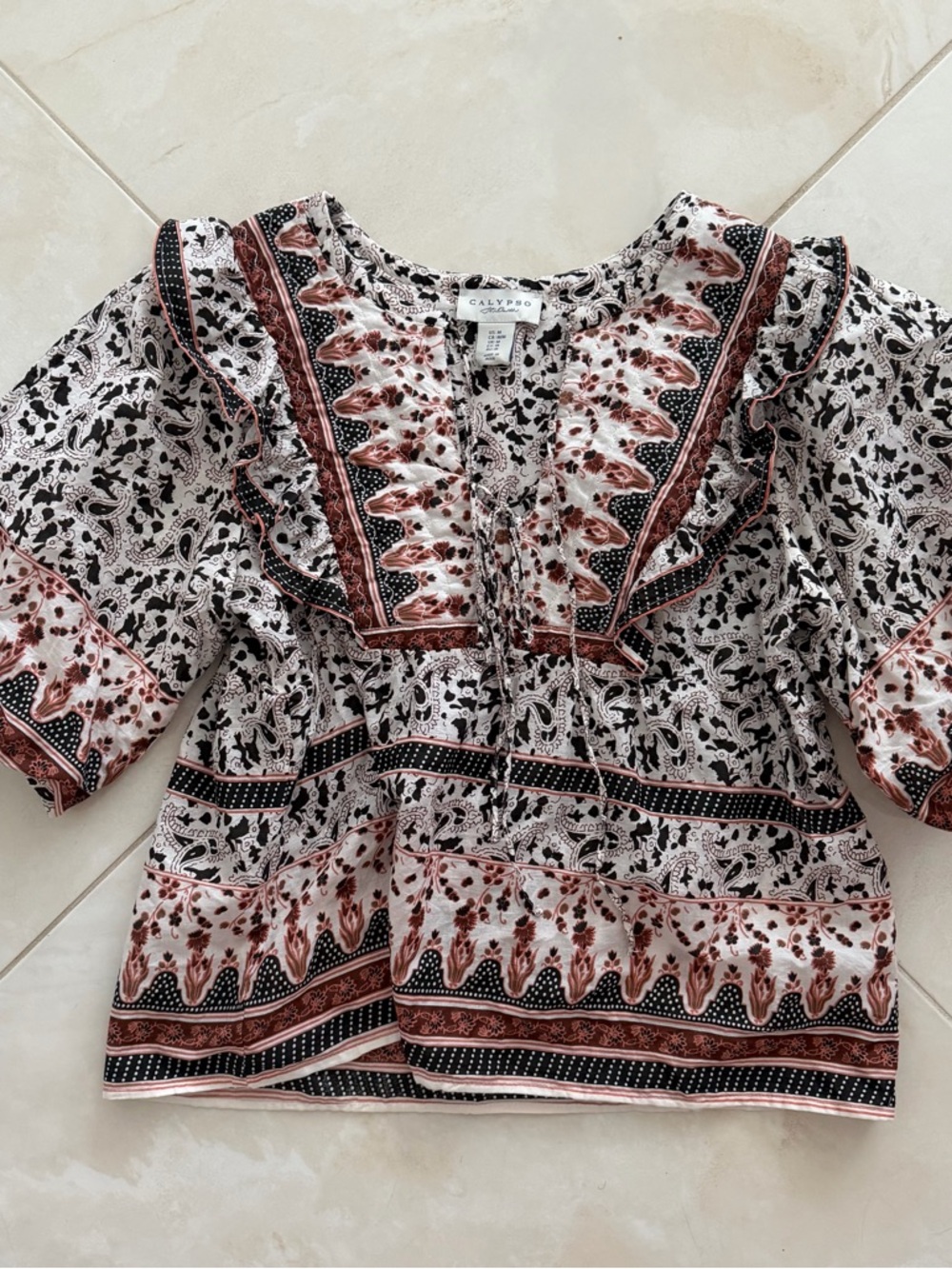 Calypso St. Barth Floral Boho Peasant Top - Cream, Black & Rust